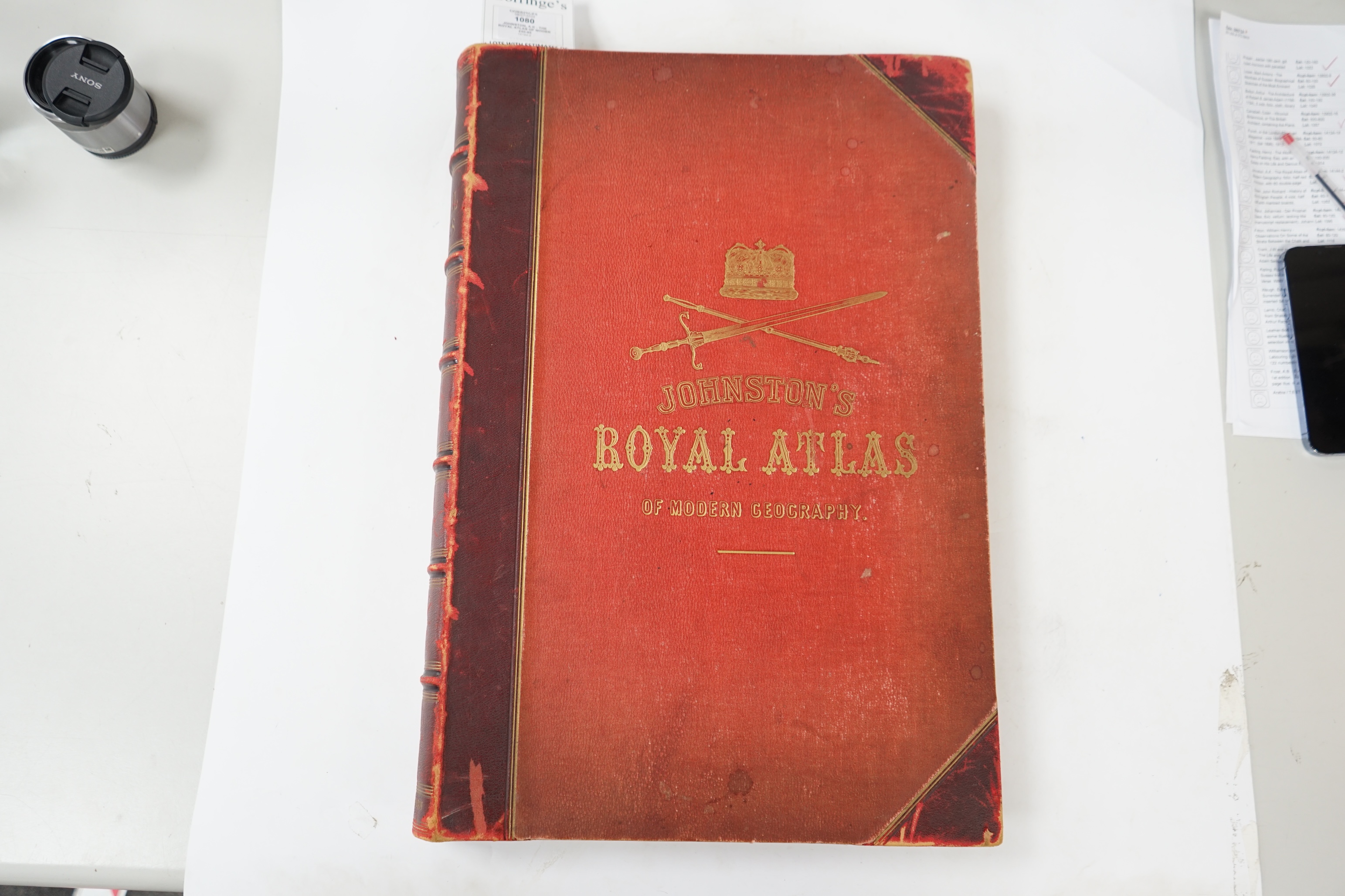 Johnston, A.K - The Royal Atlas of Modern Geography, folio, half red morocco, with 60 double-page maps, coloured in outline, Edinburgh, 1876